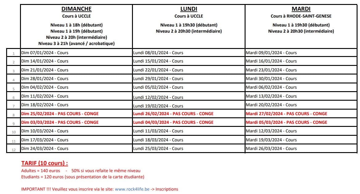 Agenda cours de rock